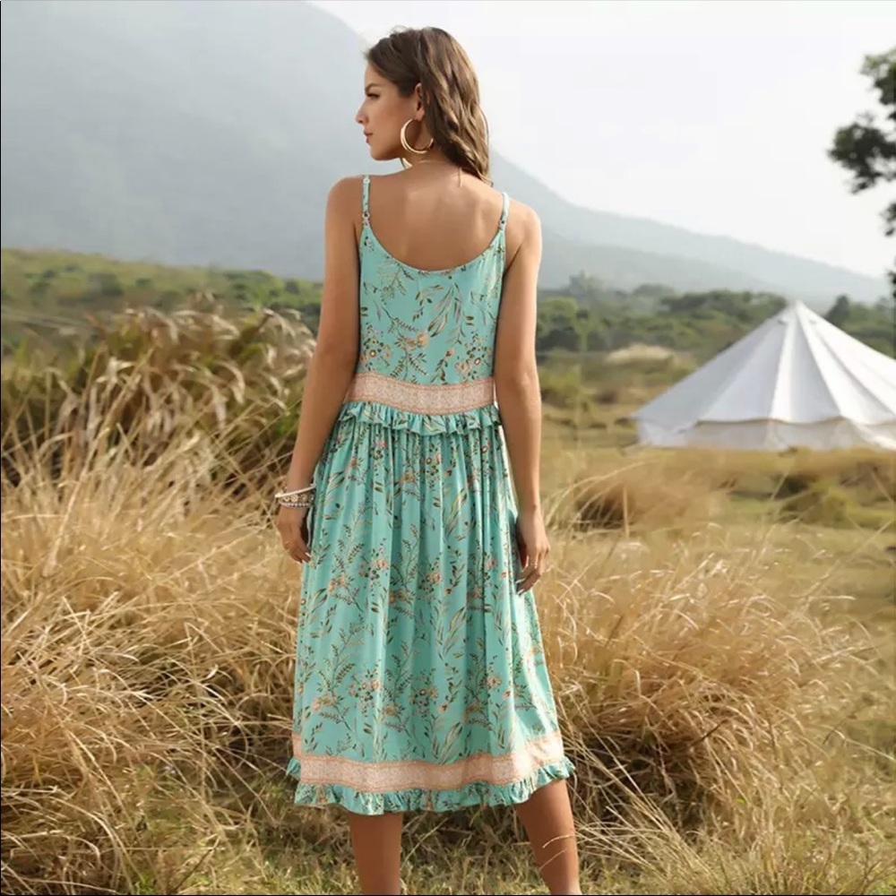 Boho Floral Gypsy Print Midi Ruffle Dress pink - Picture 12 of 15
